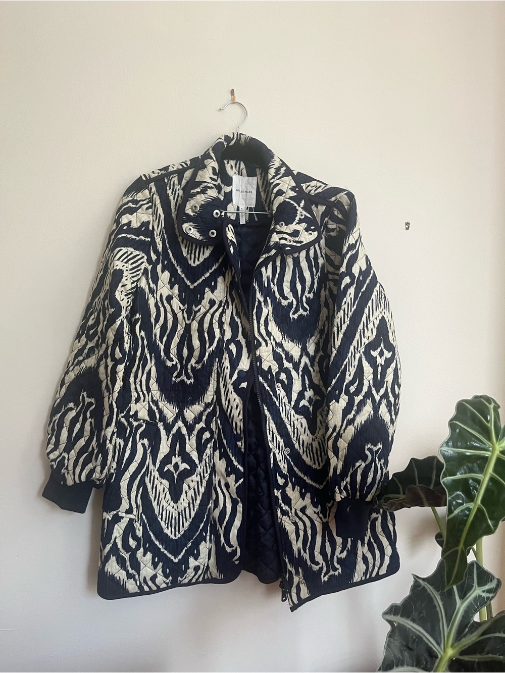 Avec Les Filles Black and Cream Patterned Puffer Coat